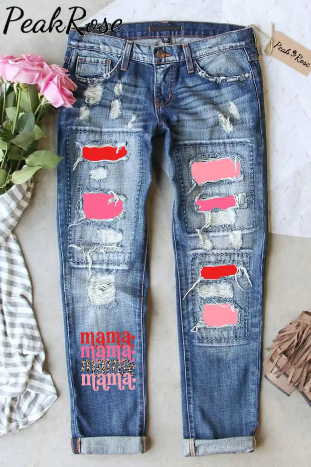 Mama Leopard Print Ripped Denim Jeans