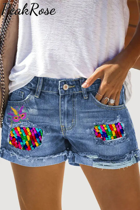 Mardi Gras Carniva Neon Feathers Denim Shorts