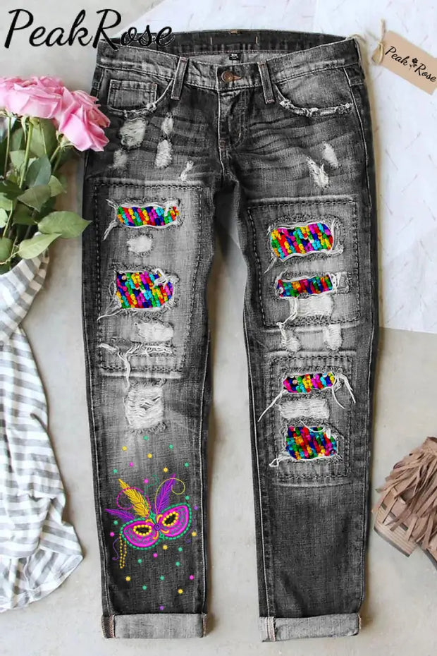 Mardi Gras Carniva Neon Feathers Jeans