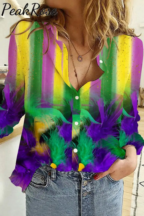 Mardi Gras Carniva Neon Feathers Long Sleeve Shirt S / Photo Color Women