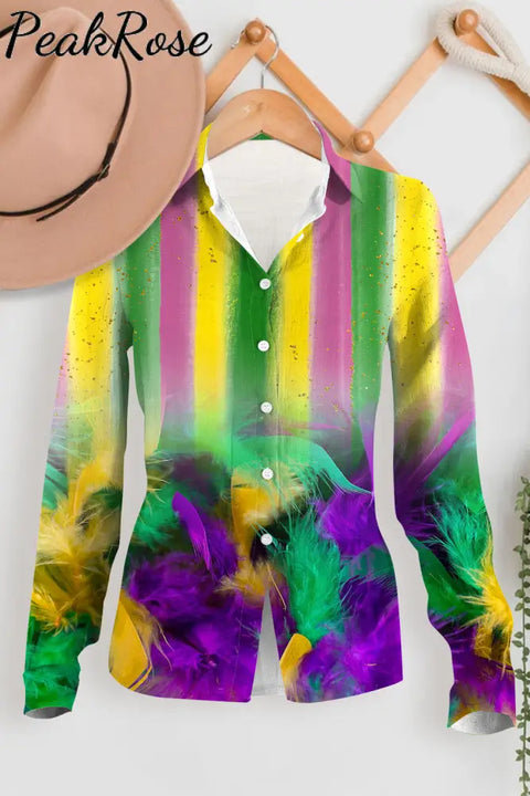 Mardi Gras Carniva Neon Feathers Long Sleeve Shirt Women