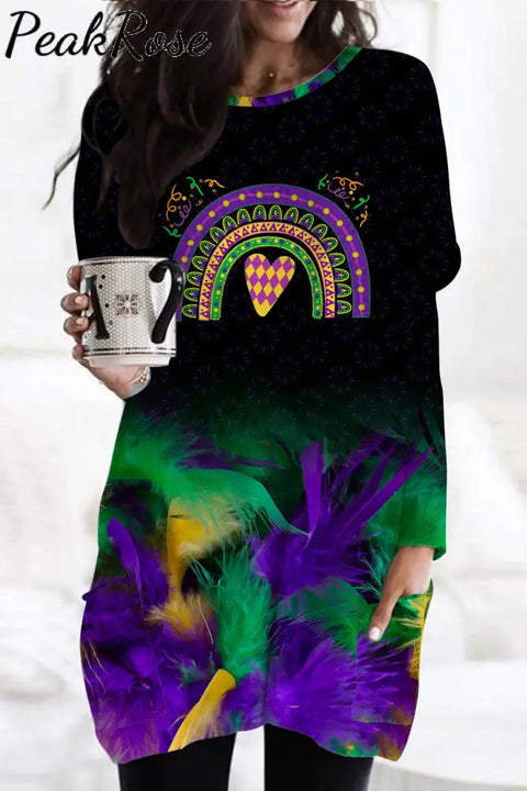 Mardi Gras Carniva Neon Feathers Loose Tunic With Pockets