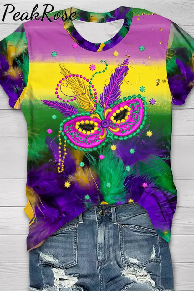 Mardi Gras Carniva Neon Feathers Short-Sleeved T-Shirt Top