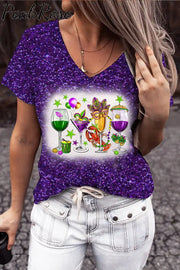 Mardi Gras Carnival Fat Tuesday Print V Neck Short Sleeve T-Shirt