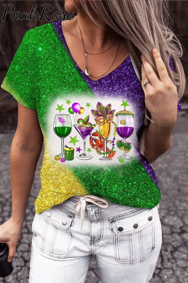 Mardi Gras Carnival Fat Tuesday Print V Neck Short Sleeve T-Shirt