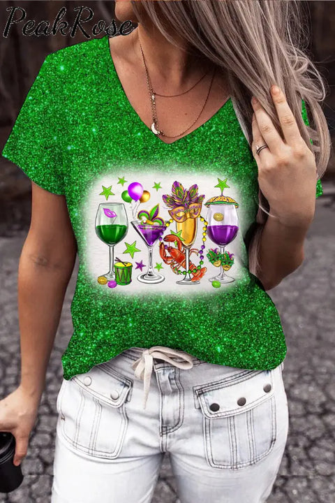 Mardi Gras Carnival Fat Tuesday Print V Neck Short Sleeve T-Shirt