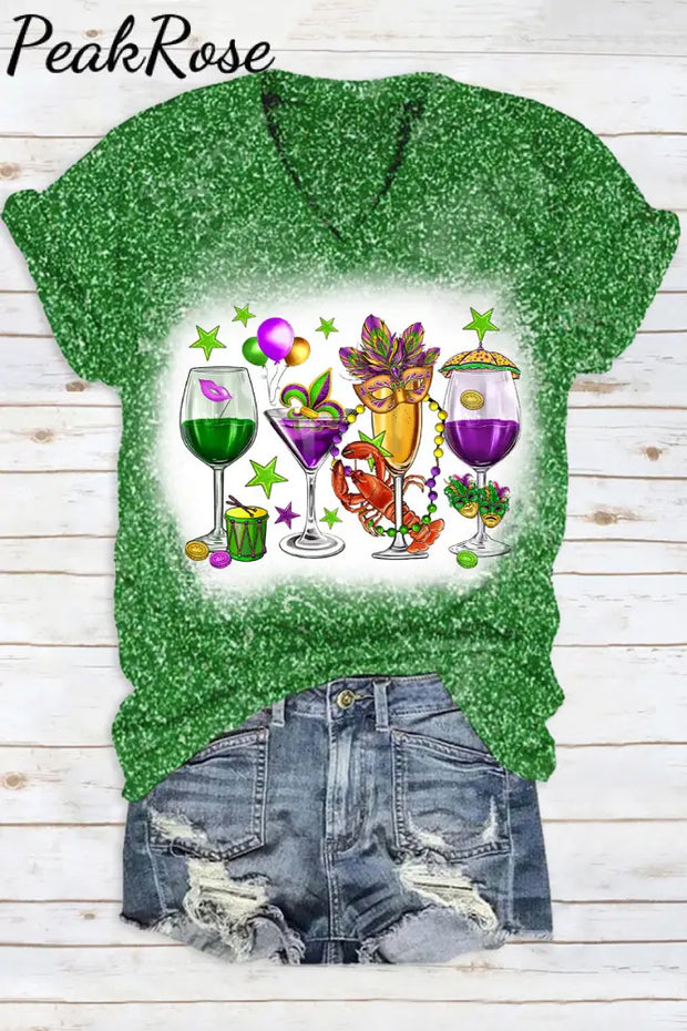 Mardi Gras Carnival Fat Tuesday Print V Neck Short Sleeve T-Shirt Green / S