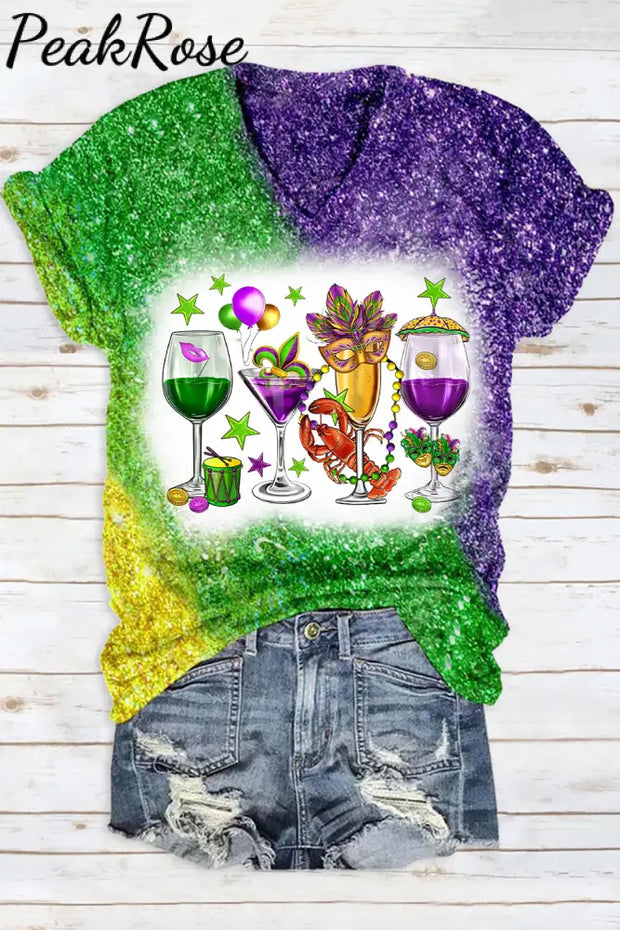 Mardi Gras Carnival Fat Tuesday Print V Neck Short Sleeve T-Shirt Multi / S