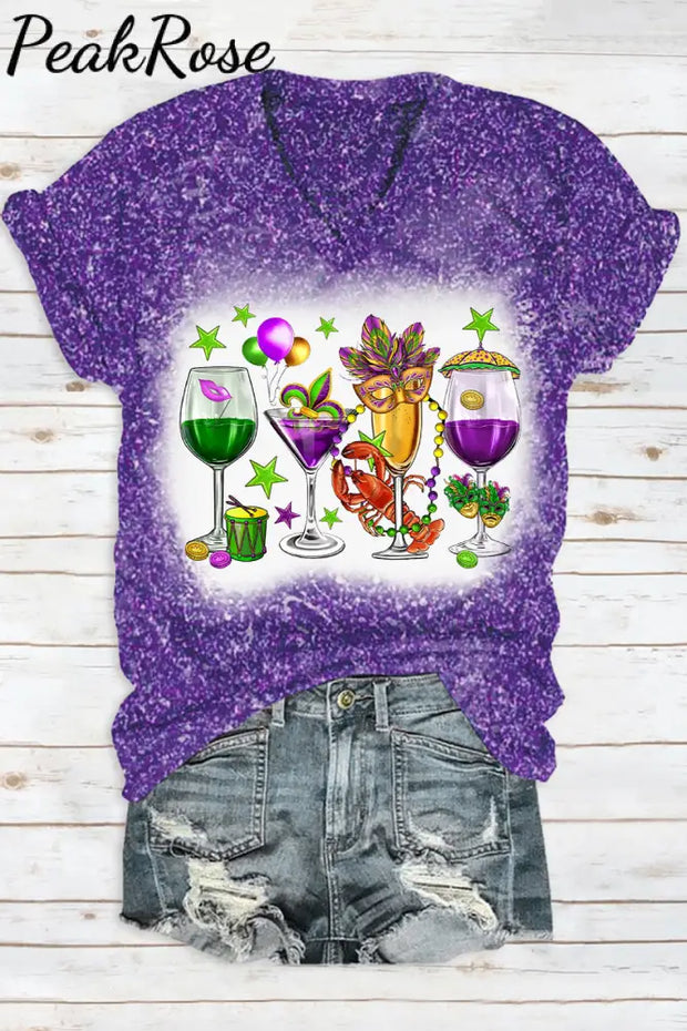 Mardi Gras Carnival Fat Tuesday Print V Neck Short Sleeve T-Shirt Purple / S