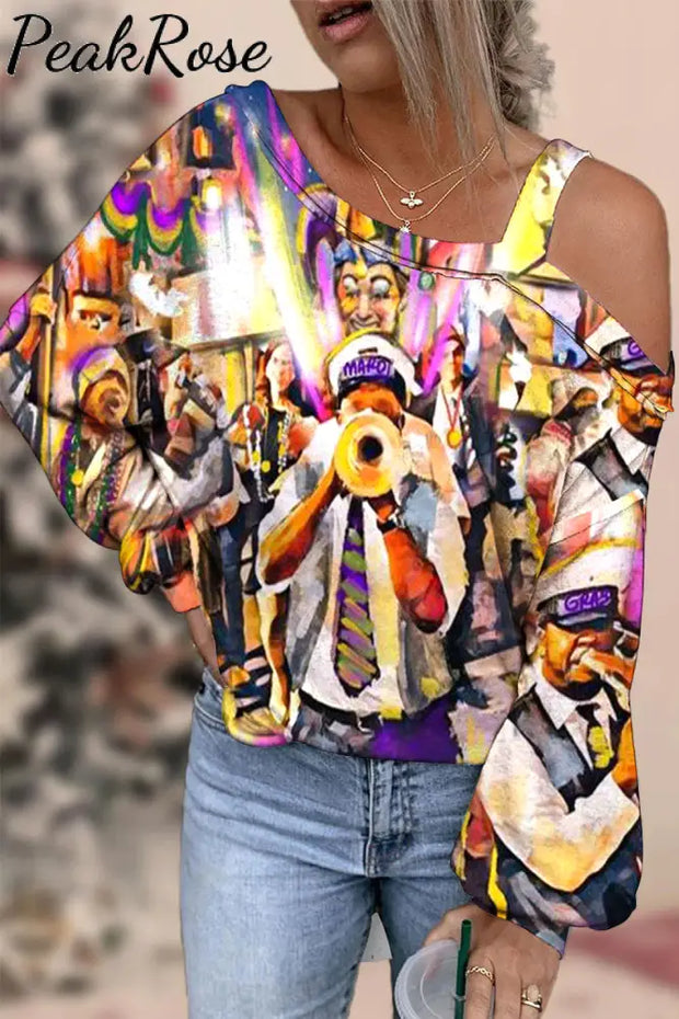 Mardi Gras Carnival Parade Blow The Trumpet With Clown Mask Beads Printed Off-Shoulder Blouse