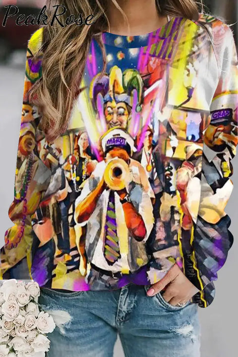 Mardi Gras Carnival Parade Blow The Trumpet With Clown Mask Beads Printed Sweatshirt S / Multicolor