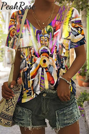 Mardi Gras Carnival Parade Blow The Trumpet With Clown Mask Beads Printed V Neck Short Sleeve