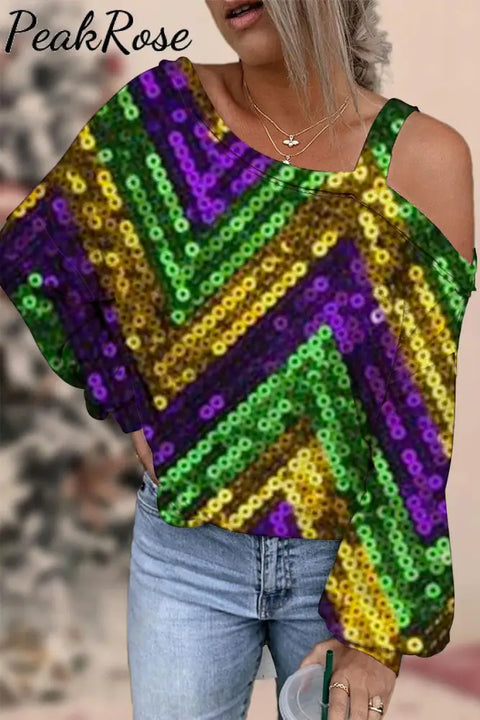 Mardi Gras Carnival Sequin Glitter Purple Green And Gold Color Print Off-Shoulder Blouse Multicolor