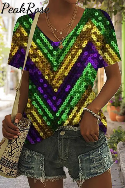 Mardi Gras Carnival Sequin Glitter Purple Green And Gold Color Print V Neck Short Sleeve T-Shirt S