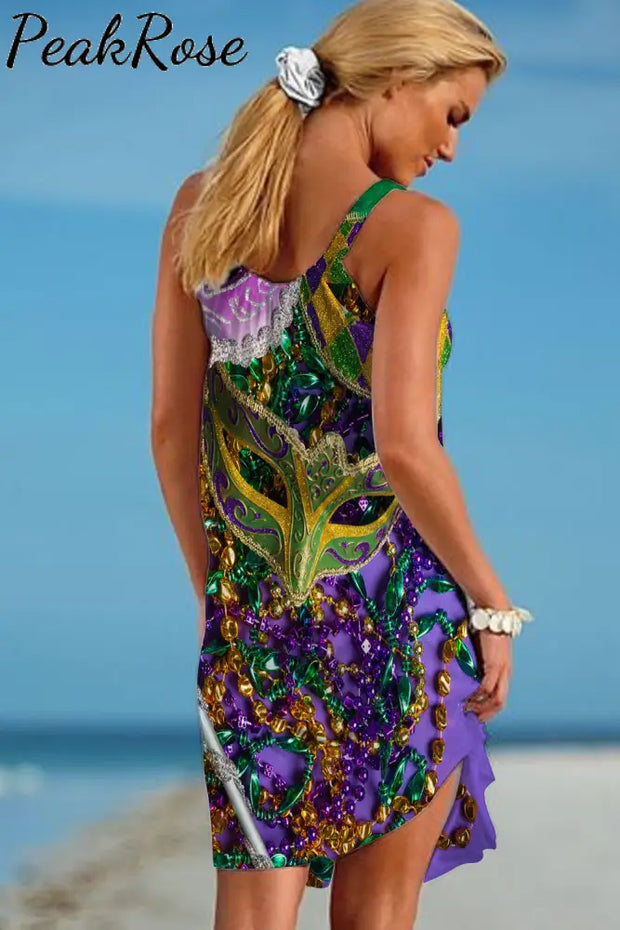 Mardi Gras Carnival Sequin Mask With Colored Beads Sleeveless Dress