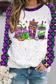 Mardi Gras Coffee Cups Fleur De Lis Leopard Polka Print Sweatshirt / S