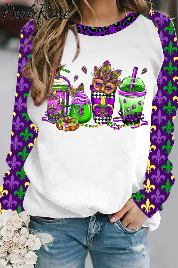 Mardi Gras Coffee Cups Fleur De Lis Leopard Polka Print Sweatshirt White / S