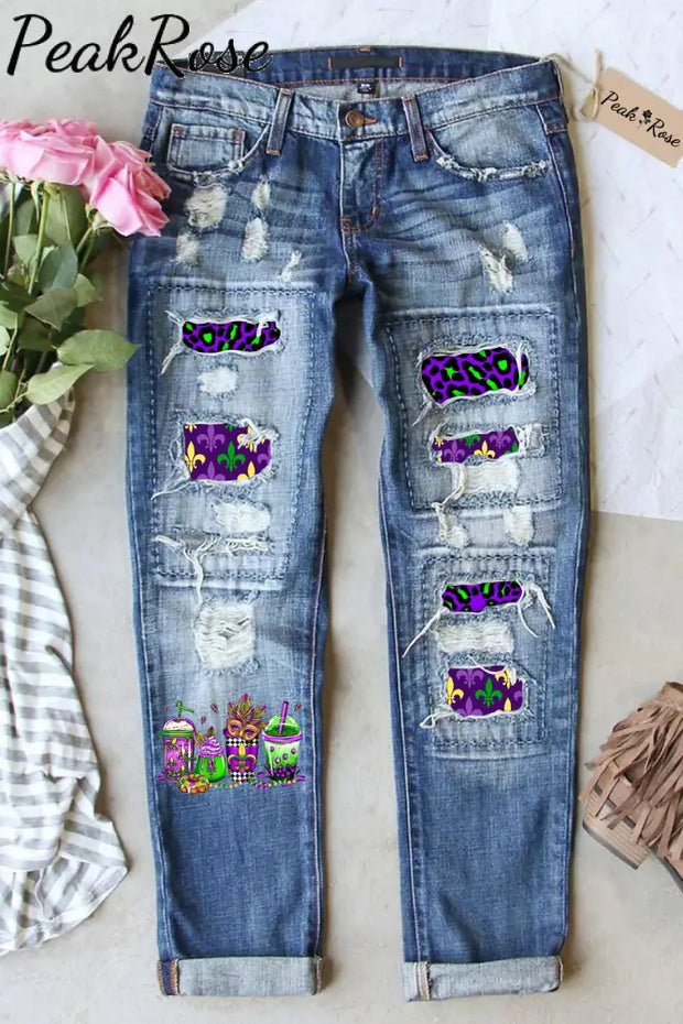 Mardi Gras Coffee Cups Mask Fleur De Lis Leopard Polka Print Ripped Denim Jeans S