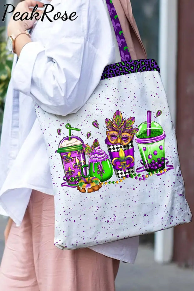 Mardi Gras Coffee Cups Mask Fleur De Lis Leopard Polka Print Tote Bag