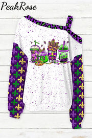 Mardi Gras Coffee Cups Mask King Cake Fleur De Lis Leopard Polka Print Off-Shoulder Blouse