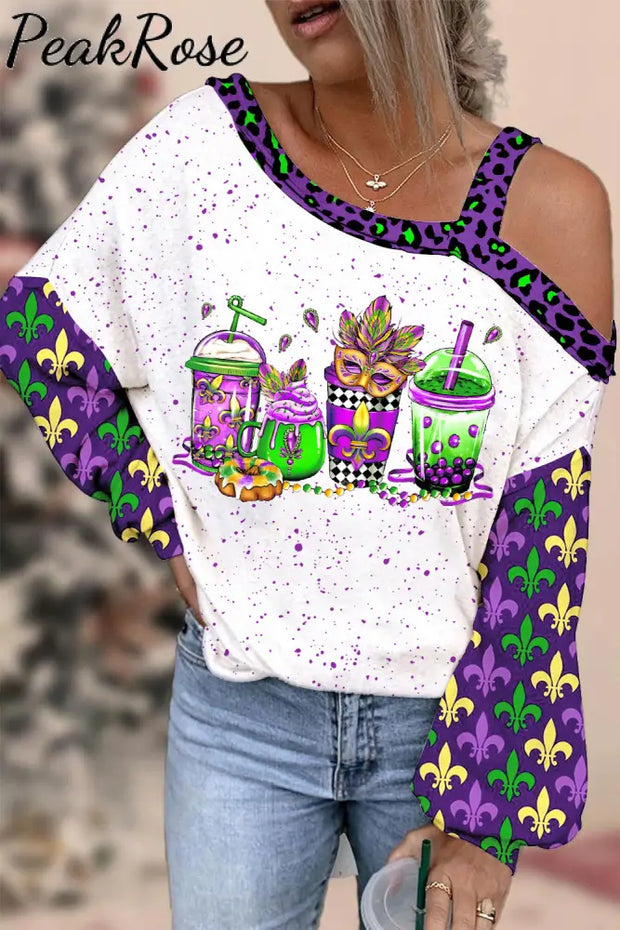 Mardi Gras Coffee Cups Mask King Cake Fleur De Lis Leopard Polka Print Off-Shoulder Blouse / S