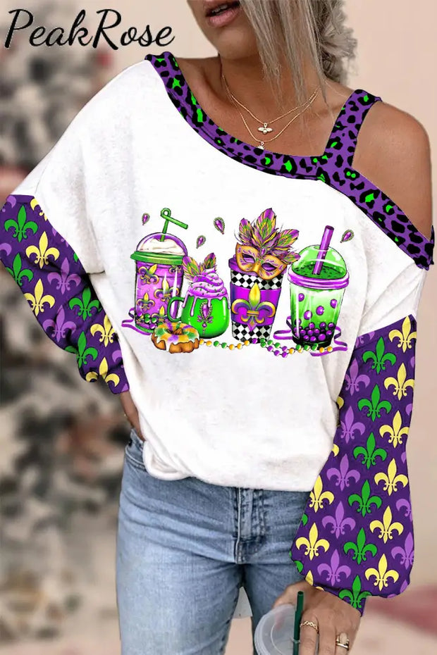 Mardi Gras Coffee Cups Mask King Cake Fleur De Lis Leopard Polka Print Off-Shoulder Blouse White / S