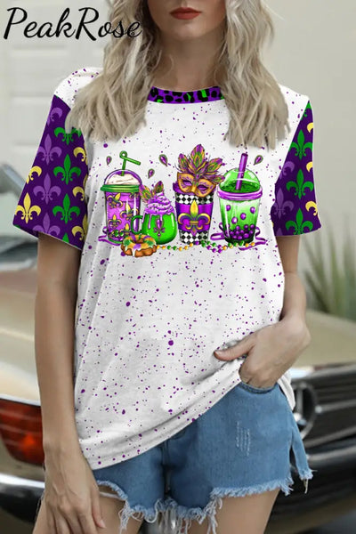 Mardi Gras Coffee Cups Mask King Cake Fleur De Lis Leopard Polka Print T-Shirt / S T-Shirt