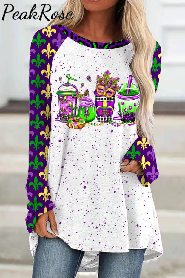 Mardi Gras Coffee Cups Mask King Cake Fleur De Lis Leopard Print Tunic Polka / S