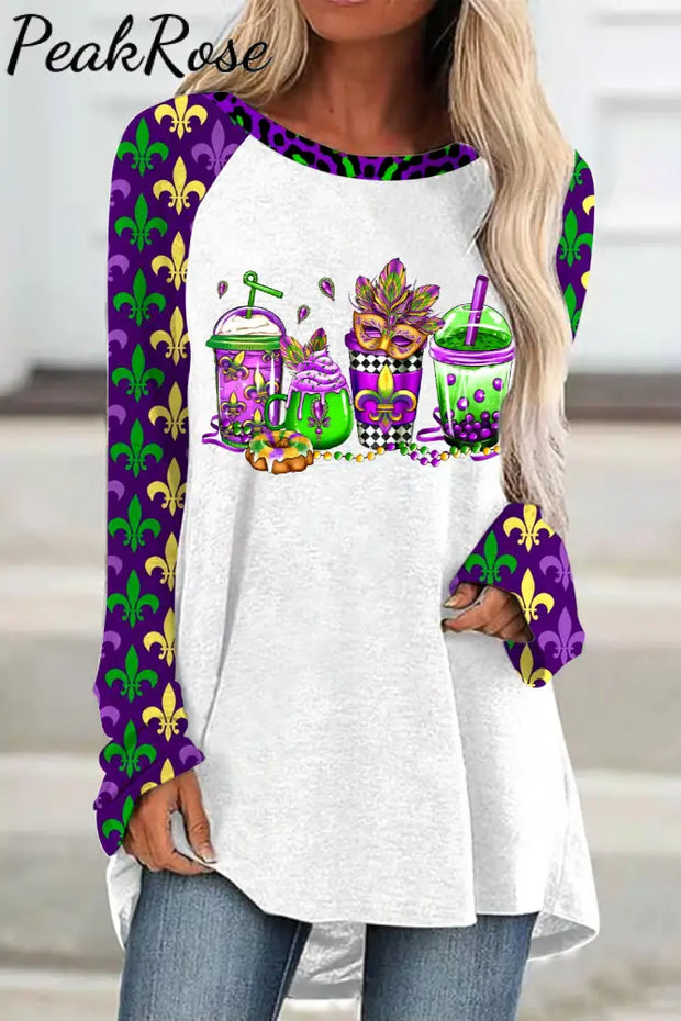 Mardi Gras Coffee Cups Mask King Cake Fleur De Lis Leopard Print Tunic White / S