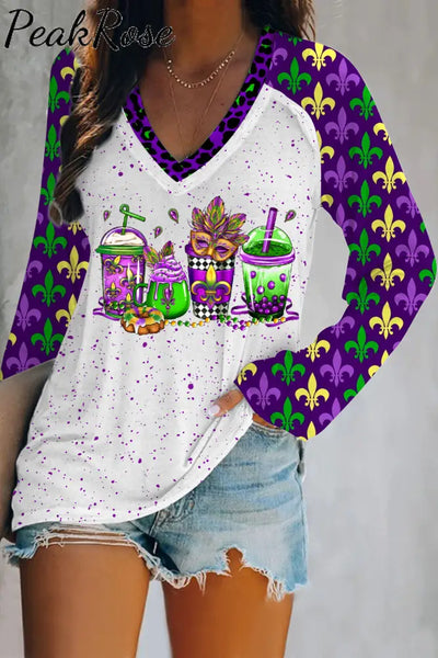 Mardi Gras Coffee Cups Mask King Cake Fleur De Lis Leopard Print V-Neck Long Sleeve Tee Polka / S