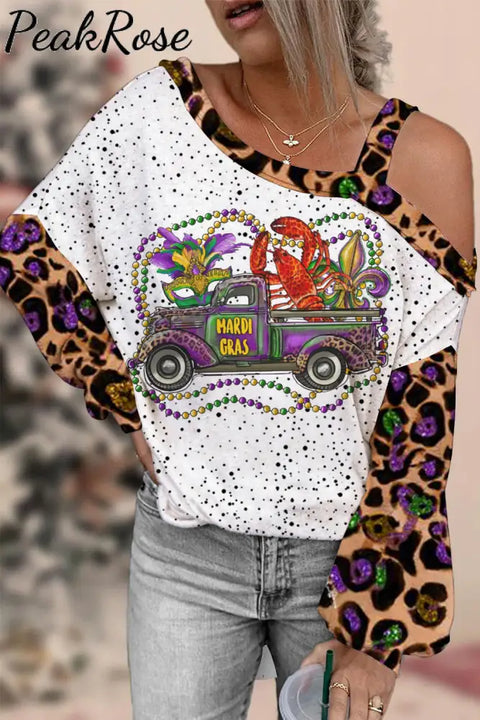 Mardi Gras Crawish Boil Beads Fleur De Lis Off-Shoulder Blouse