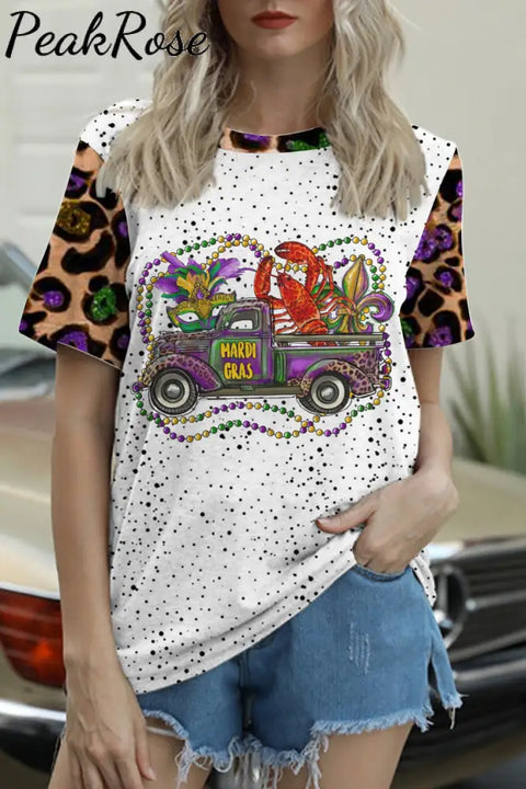 Mardi Gras Crawish Boil Beads Fleur De Lis Round Neck Short Sleeve T-Shirt S / Multicolor