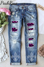 Mardi Gras Crystal Leopard Pattern Denim Jeans S / Blue