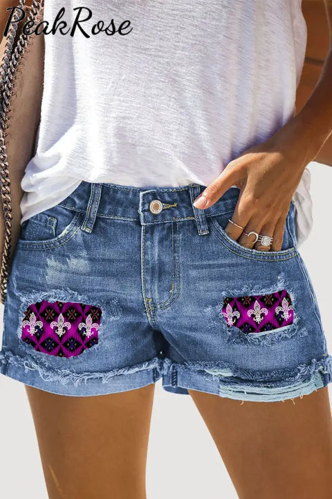 Mardi Gras Crystal Leopard Pattern Denim Shorts