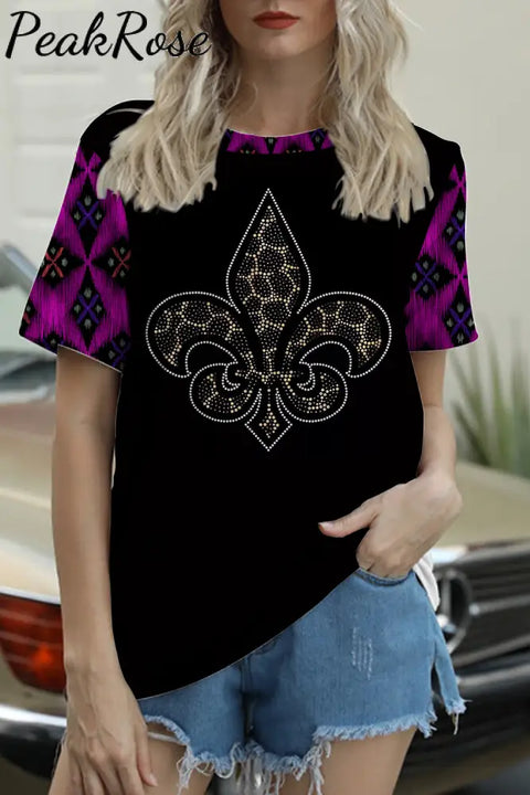 Mardi Gras Crystal Leopard Pattern Short-Sleeved T-Shirt Top