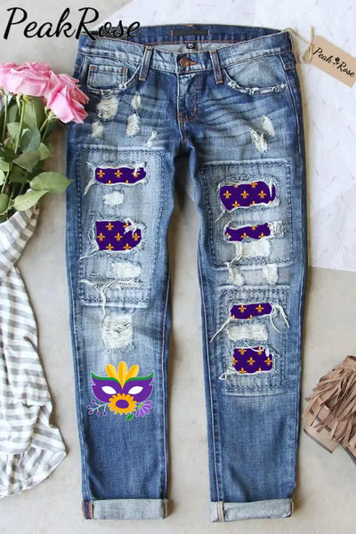 Mardi Gras Crystal Pattern Denim Jeans S / Blue