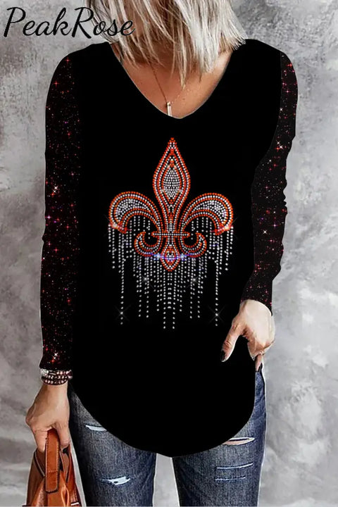 Mardi Gras Crystal Pattern V Neck Casual Long Sleeve T-Shirt S / Black