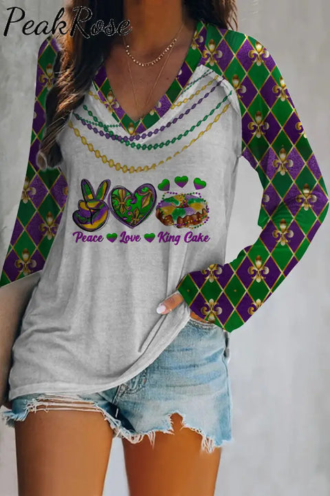 Mardi Gras Decoration Mask Beads Geometry V-Neck Long Sleeve Tee