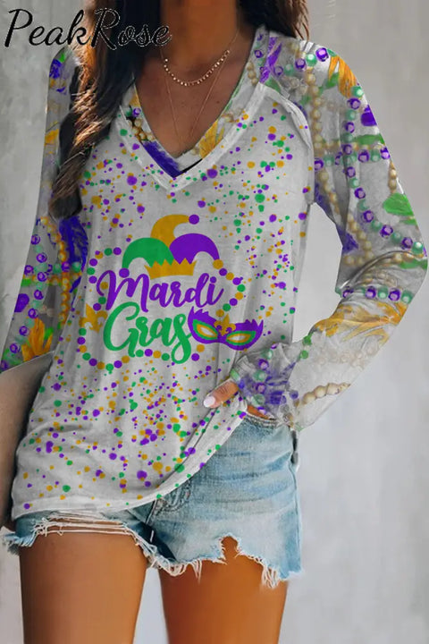 Mardi Gras Decoration Mask Beads Splash Ink V-Neck Long Sleeve Tee