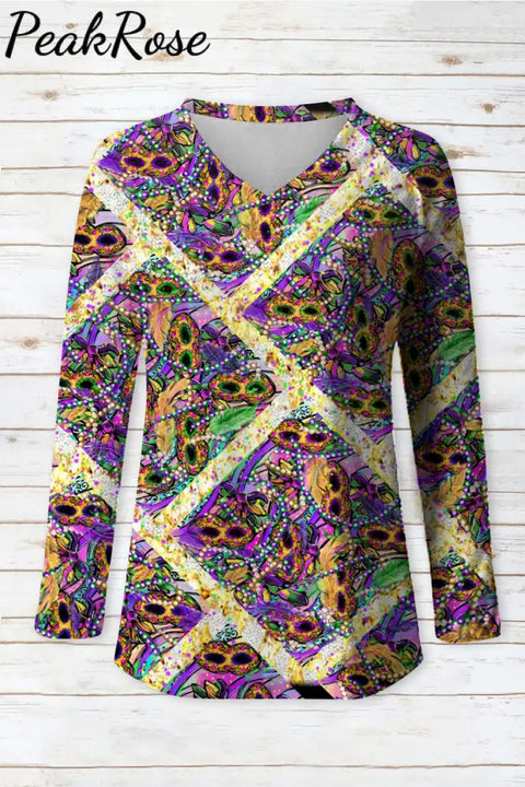 Mardi Gras Decoration Mask Beads V-Neck Long Sleeve Tee