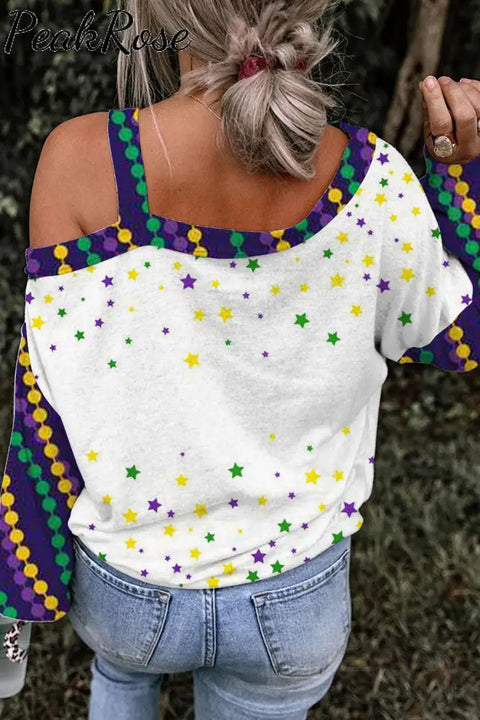 Mardi Gras Fleur De Lis Beads Stars Off-Shoulder Blouse