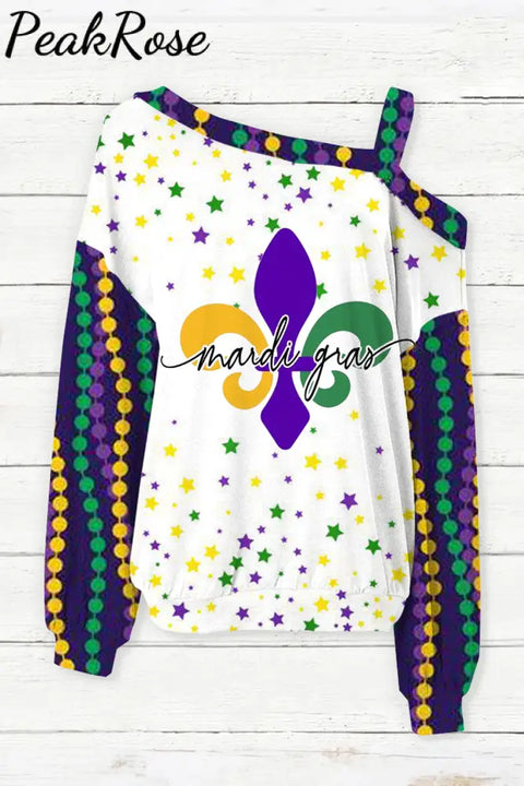 Mardi Gras Fleur De Lis Beads Stars Off-Shoulder Blouse