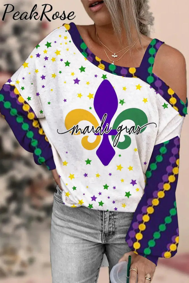 Mardi Gras Fleur De Lis Beads Stars Off-Shoulder Blouse Multicolor / S