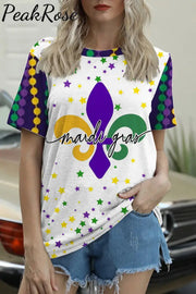 Mardi Gras Fleur De Lis Beads Stars Round Neck Short Sleeve T-Shirt