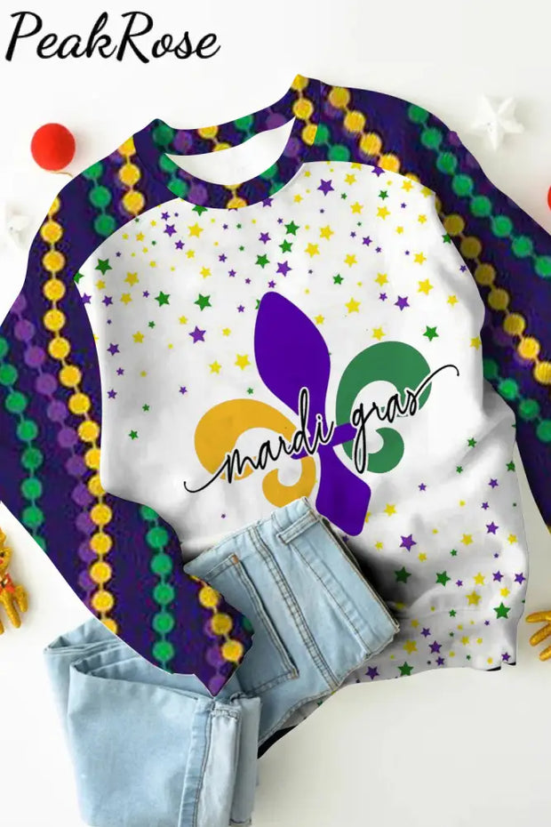 Mardi Gras Fleur De Lis Beads Stars Sweatshirt