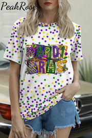 Mardi Gras Fleur De Lis Coloured Dots Round Neck Short Sleeve T-Shirt