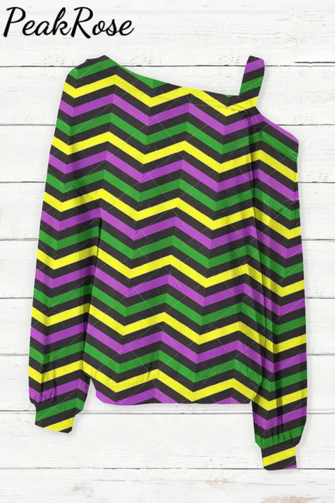 Mardi Gras Geometric Pattern With Zigzag Stripes Print Off-Shoulder Blouse