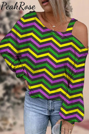 Mardi Gras Geometric Pattern With Zigzag Stripes Print Off-Shoulder Blouse Multicolor / S