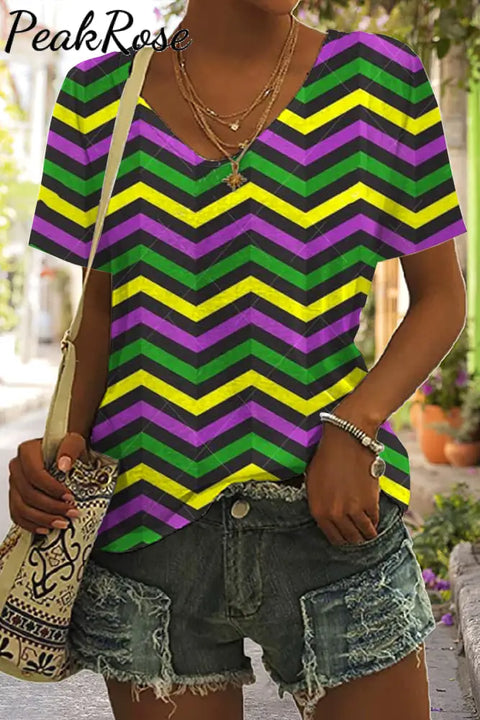 Mardi Gras Geometric Pattern With Zigzag Stripes Print V Neck Short Sleeve T-Shirt