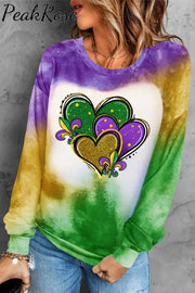 Mardi Gras Glitter Hearts Print Tie Dye Bleached Long-Sleeved Sweatshirt #1 / S